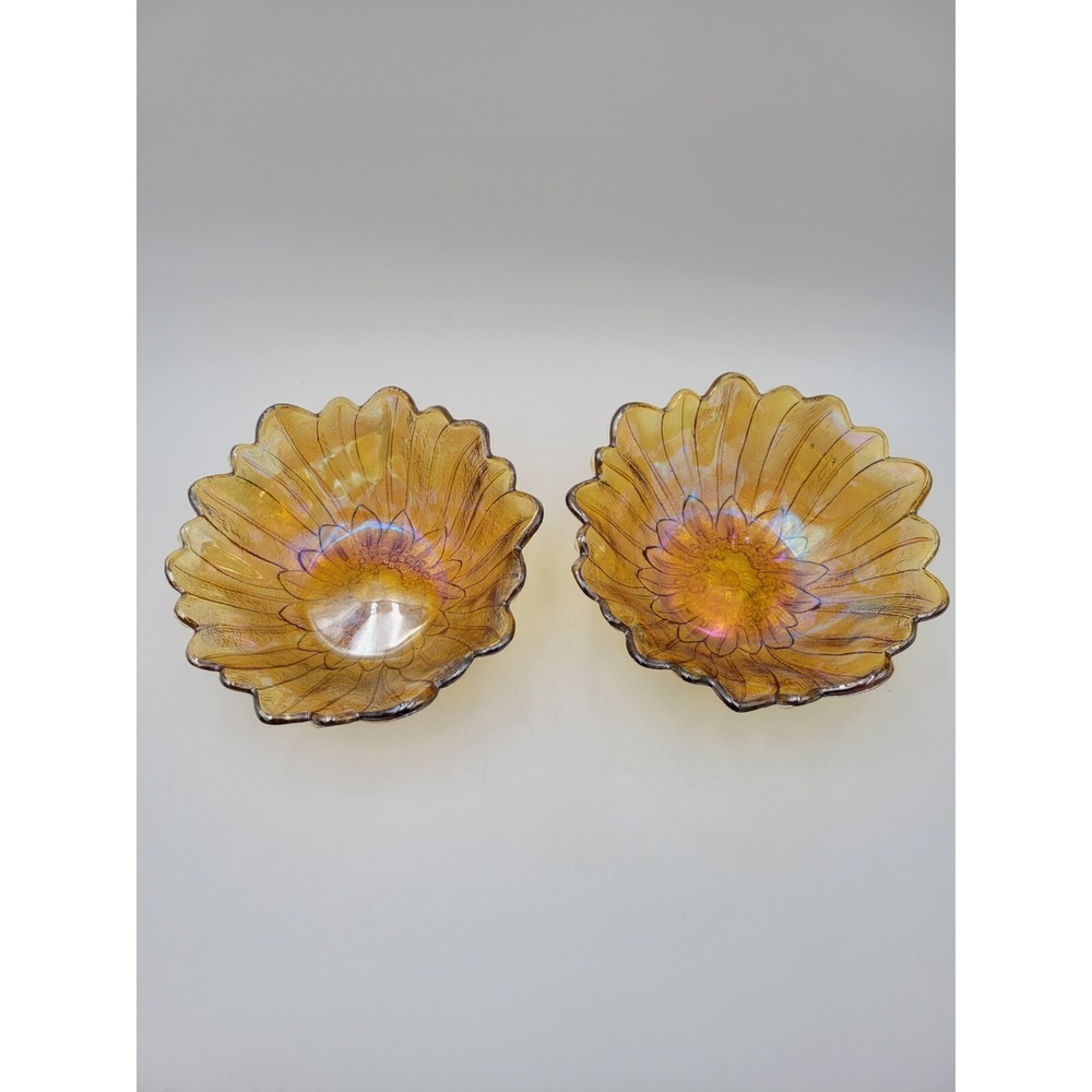 Set‎ of 2 Vtg Indiana Carnival Glass Sunflower Bowl Lily Pons Amber  Iridescent